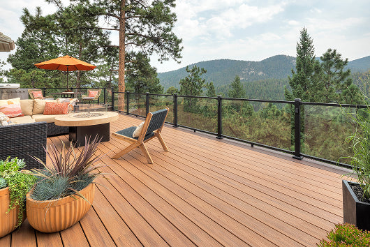 Outdoor decking area with mountain views and modern seating space