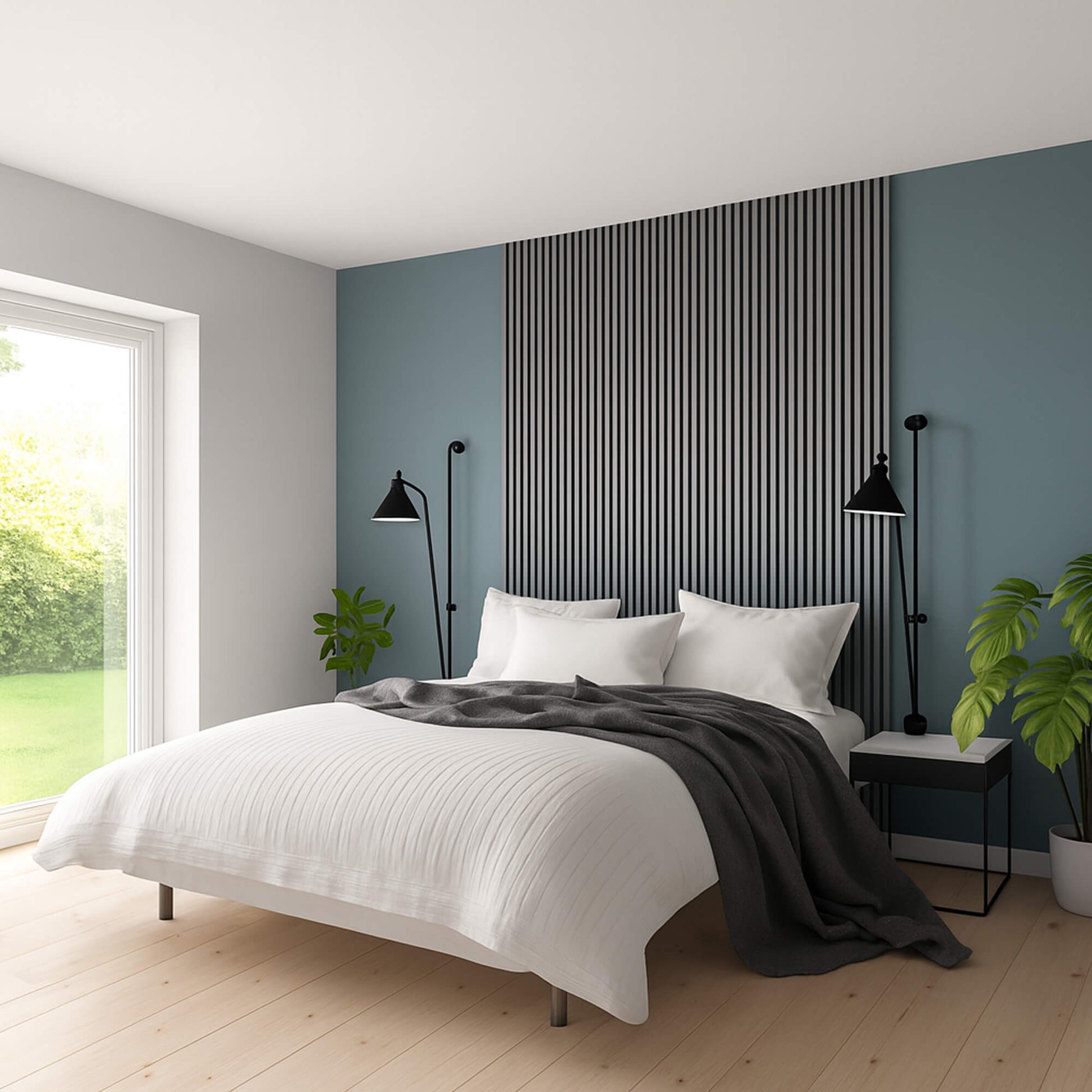 Grey Acoustic Slatwall Panelling installed in a bedroom behind the bed.
