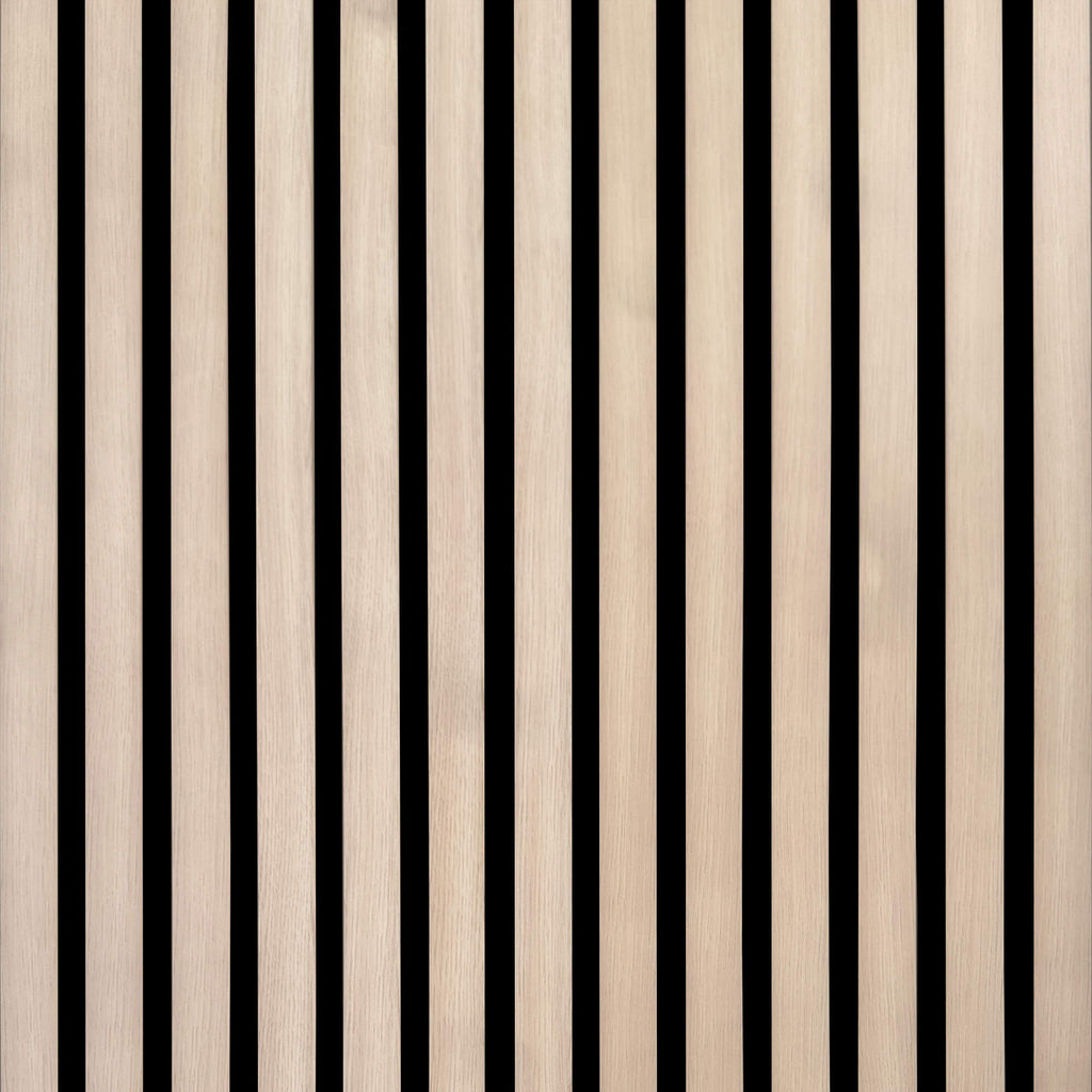 Close-up of a white stained oak slat wall panel.
