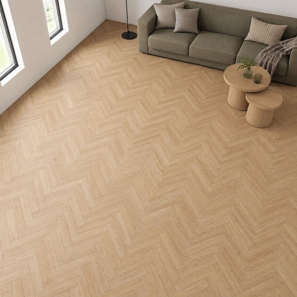 Ashford Oak Herringbone laminate flooring in a living room setting.