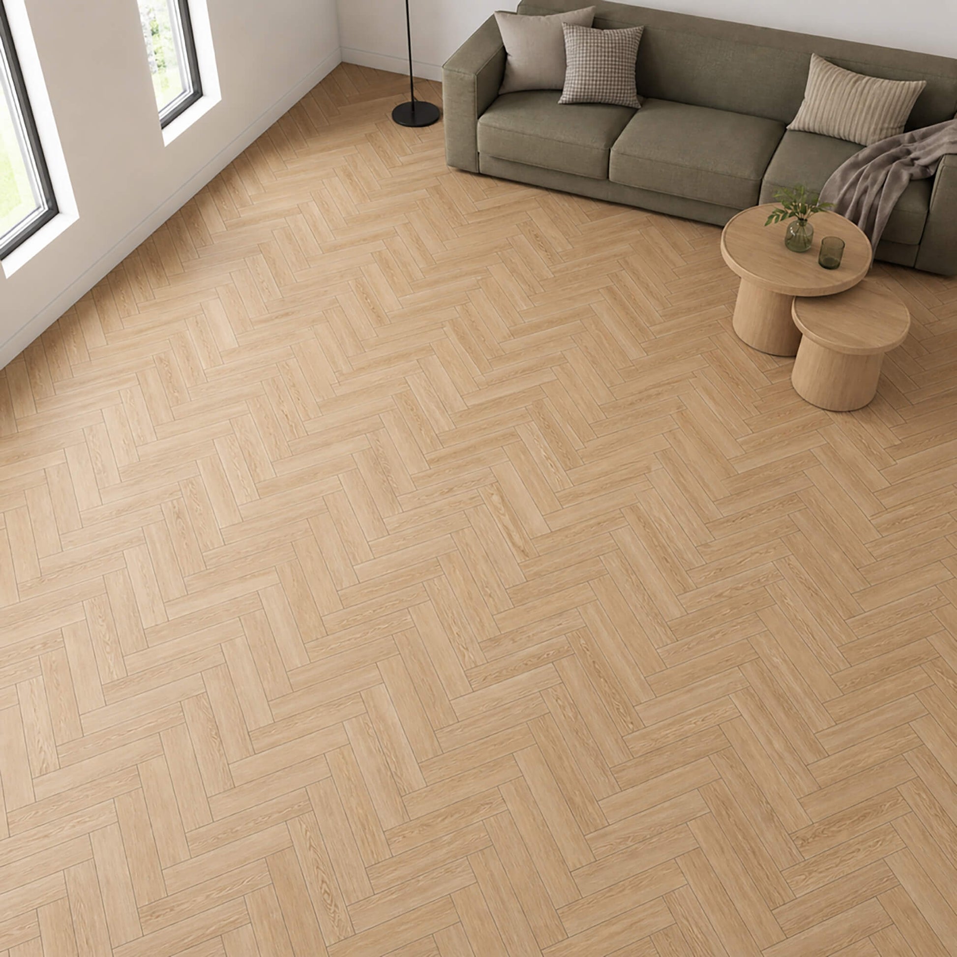 Ashford Oak Herringbone laminate flooring in a living room setting.