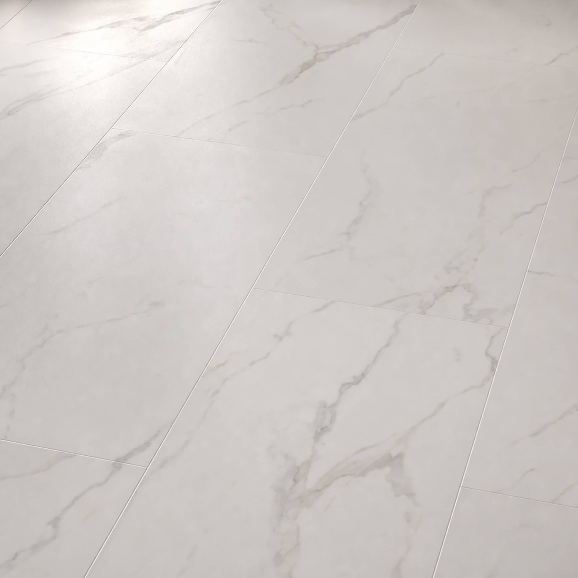 Close-up of Bianco Marble Rigid LVT floor tiles.