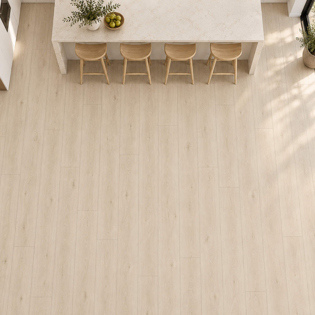Elevated view of Bleached Oak Rigid LVT plank flooring.