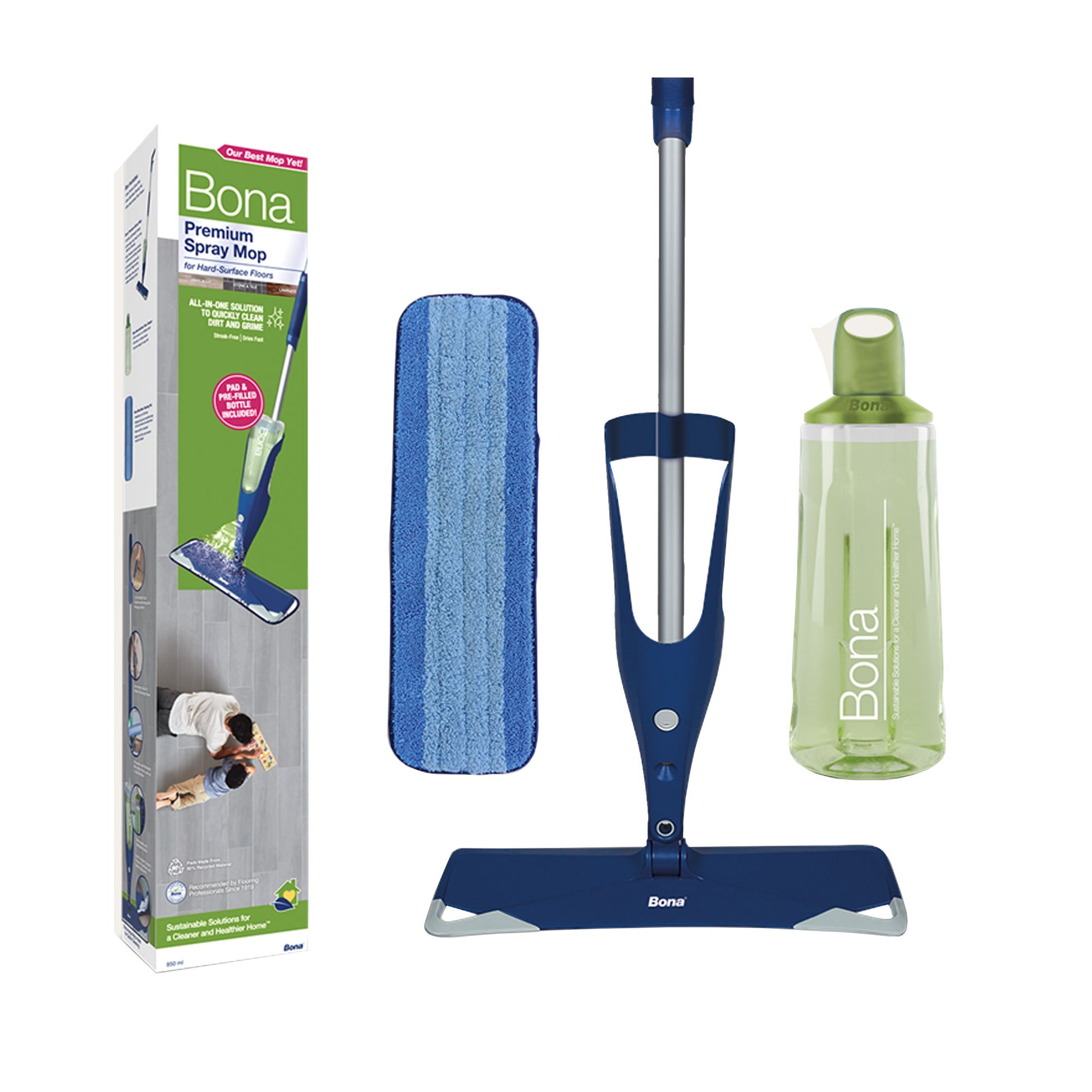 Bona spray mop set with packaging, mop head, and bottle on a white background