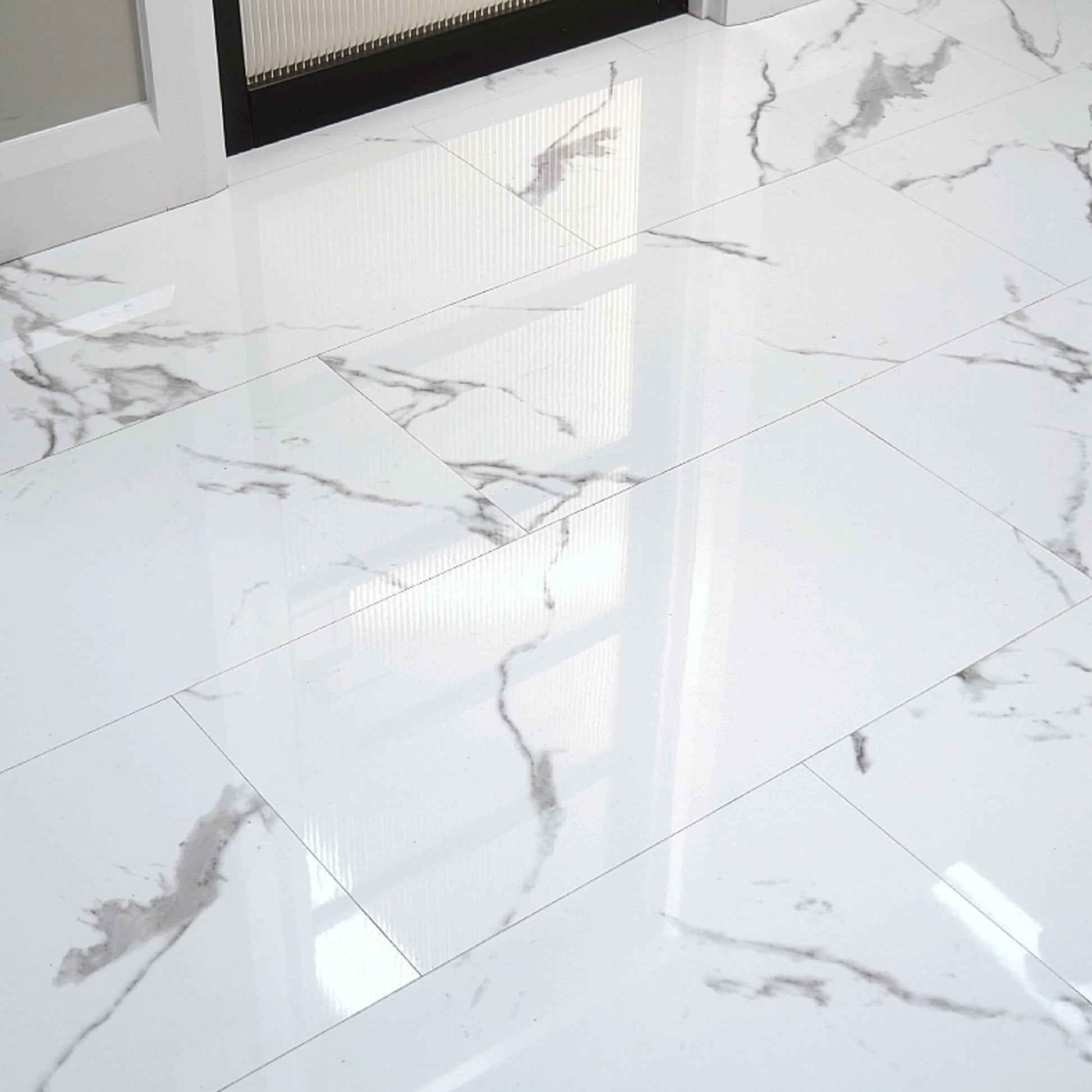 Calacatta Marble Gloss Rigid LVT Tile Flooring in a kitchen setting.
