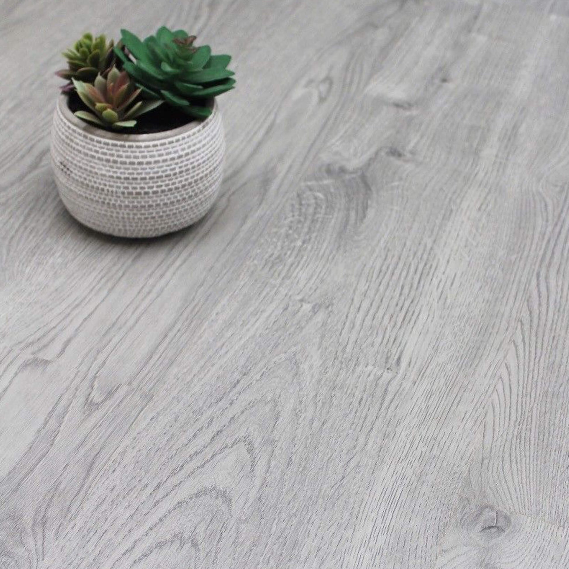 Close-up of Causeway Grey Essentials Laminate Flooring with a plant pot in the background.