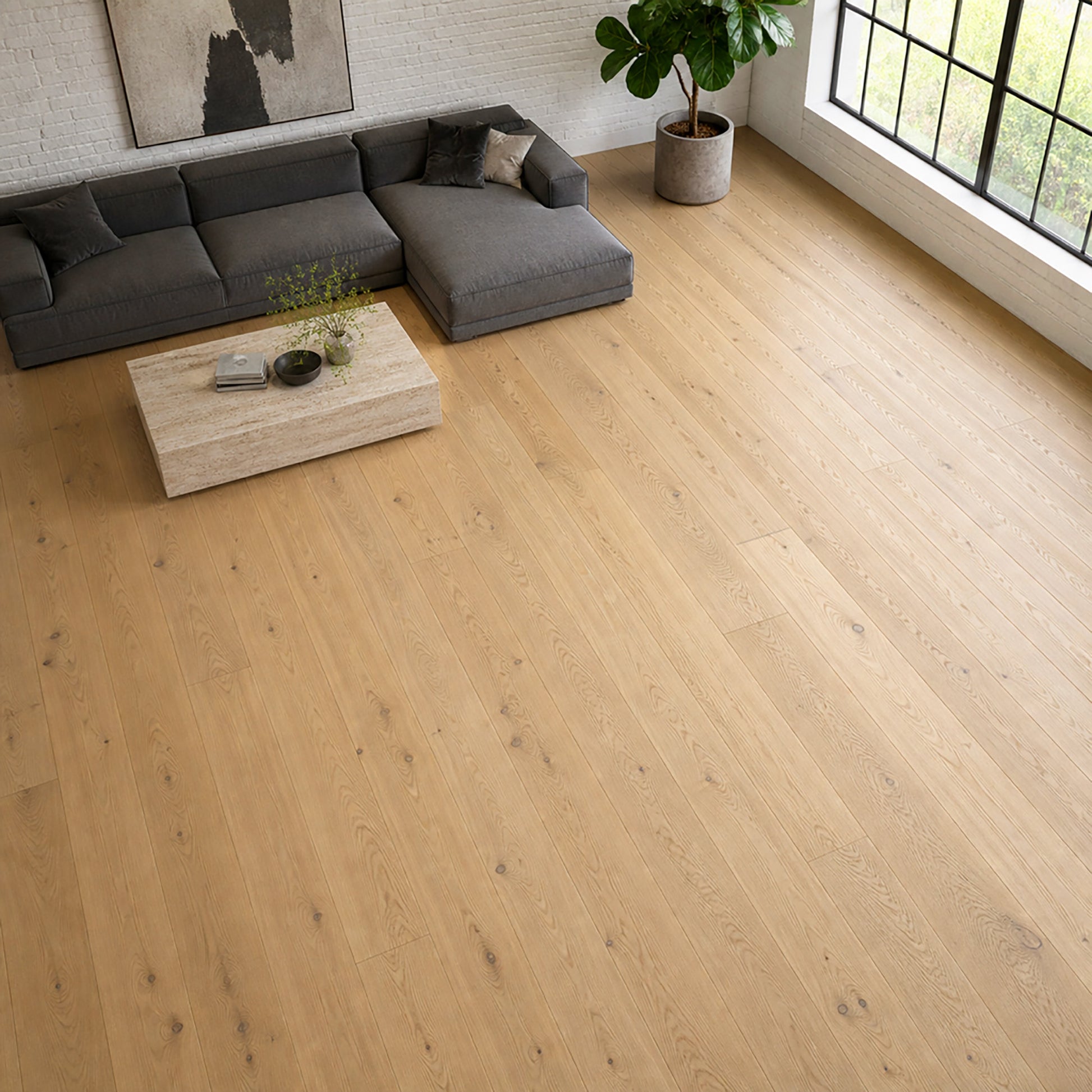 Character Oak Matt Lacquered 190mm engineered wood flooring in a modern living room setting.
