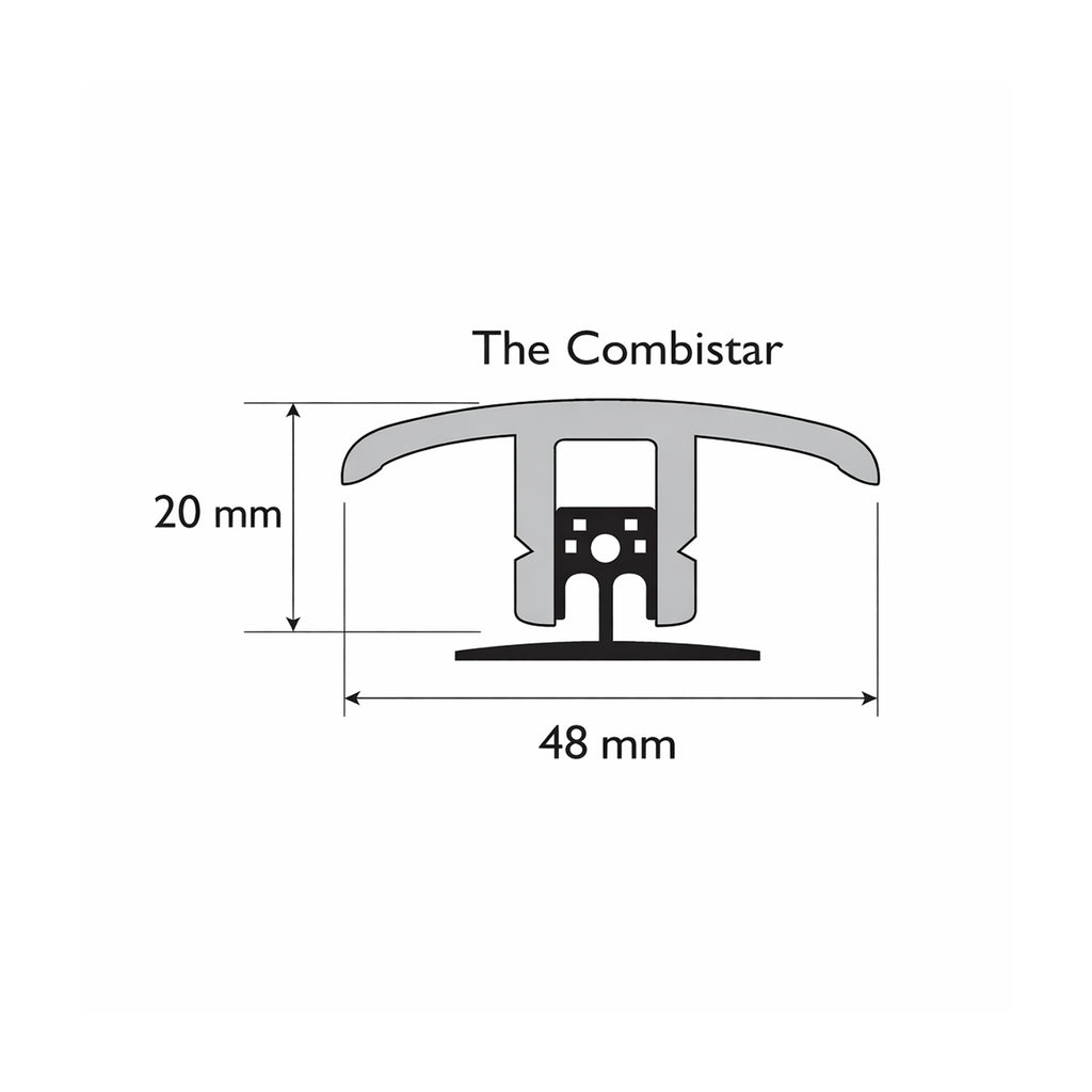 Measurement diagram of a combistar door  bar on a white background