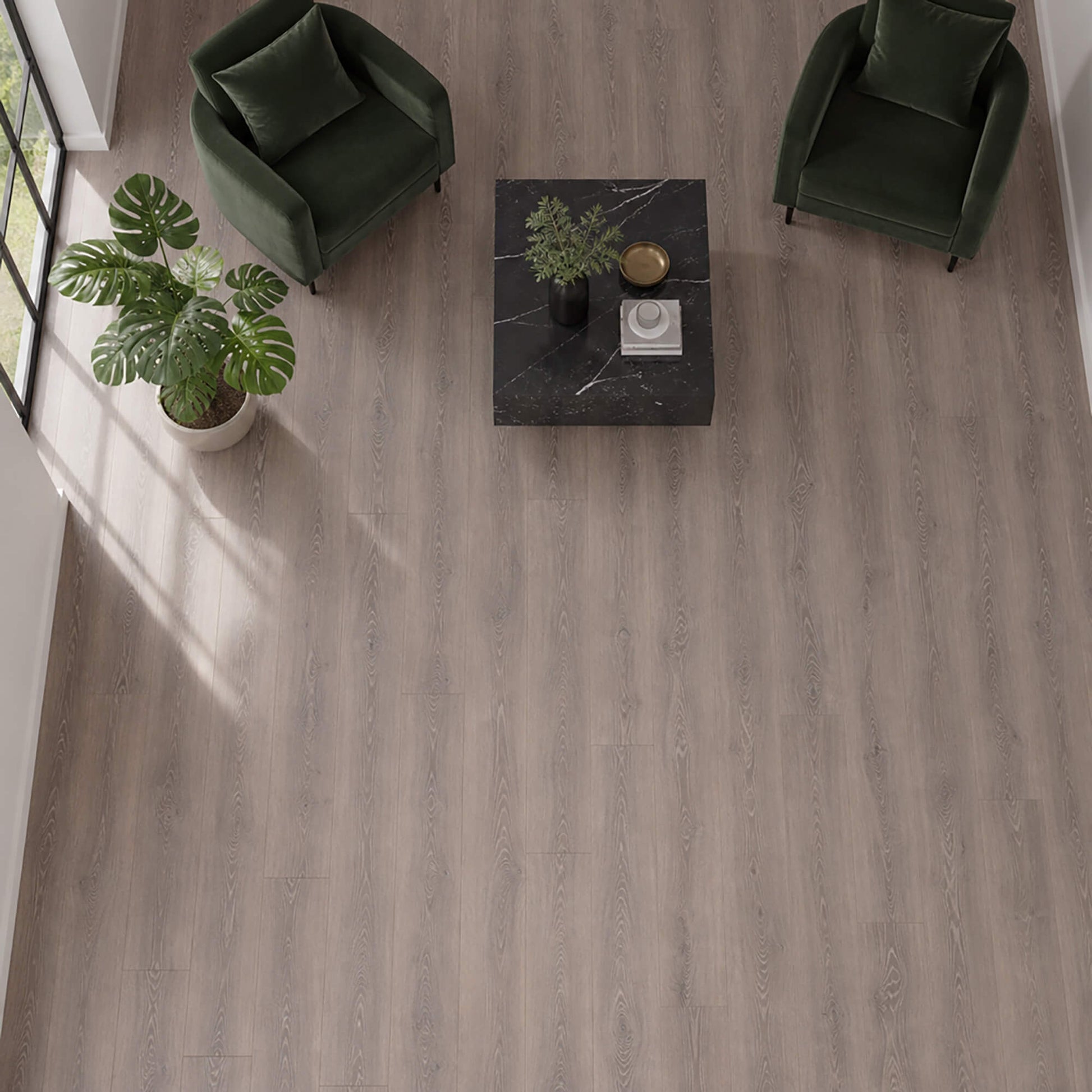 Elevated view of a waiting room setting with Everglades Oak Country laminate flooring.