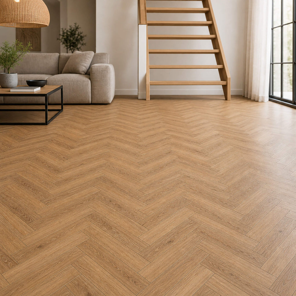 Living room with Forest Oak Rigid LVT Herringbone flooring. 