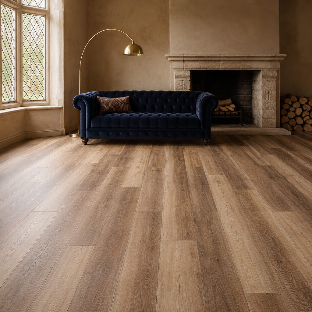 Fumed Oak Rigid LVT flooring in a vintage living room.