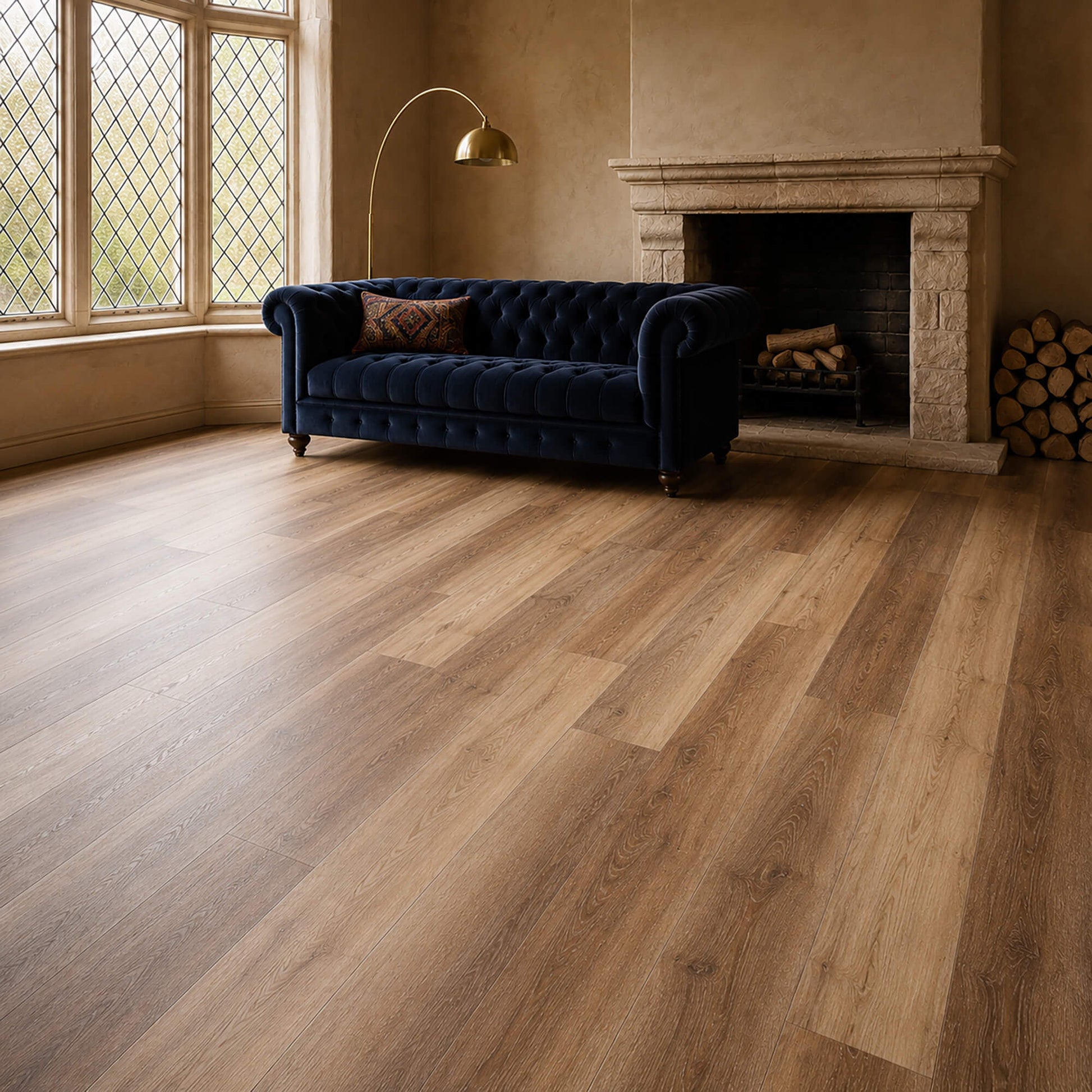 Fumed Oak Rigid LVT flooring in a vintage living room setting with a sofa, lamp and a fireplace.
