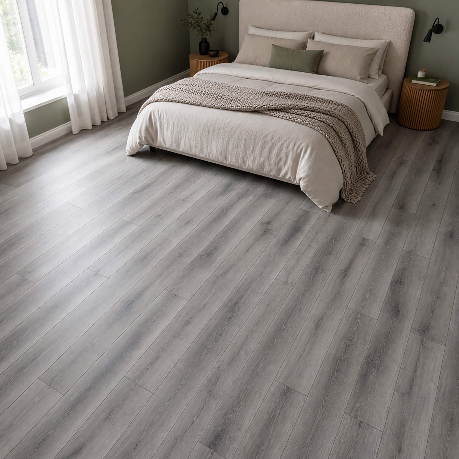 Harbour Oak Country laminate flooring in a modern bedroom setting.