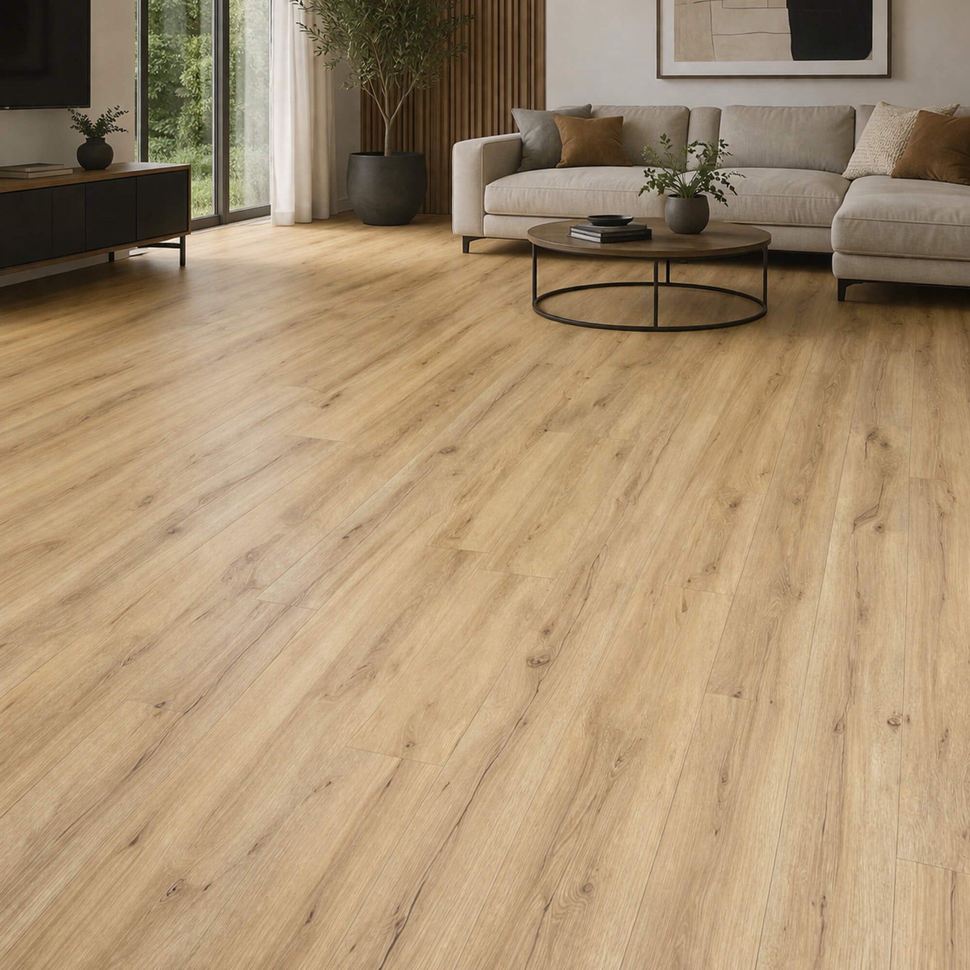 Heritage Oak Rigid LVT Superplank Flooring in a home living room setting.