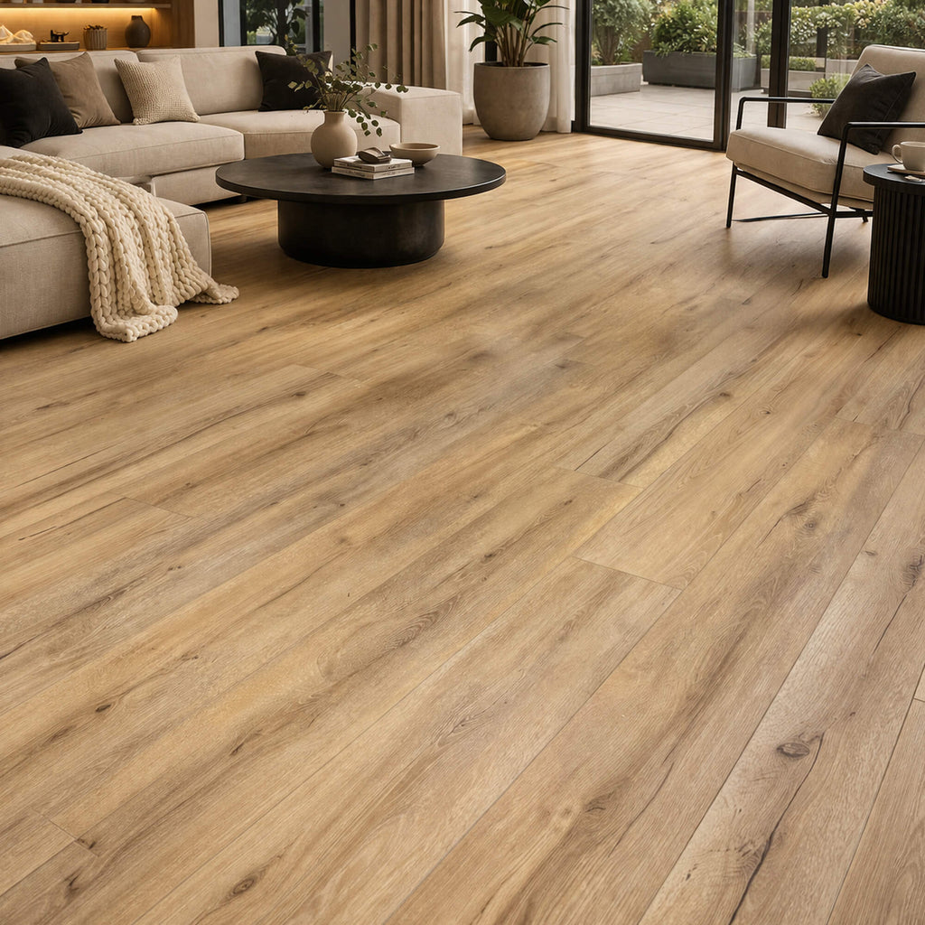Heritage Oak Rigid LVT Superplank Flooring in a home living room setting with a patio in the background.