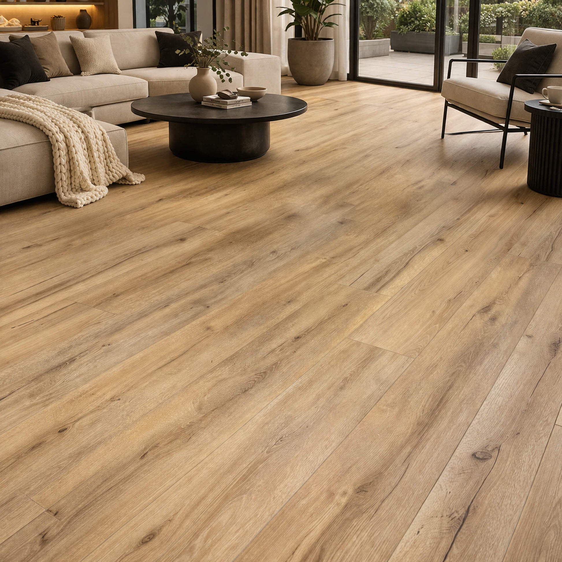 Heritage Oak Rigid LVT Superplank Flooring in a home living room setting with a patio in the background.