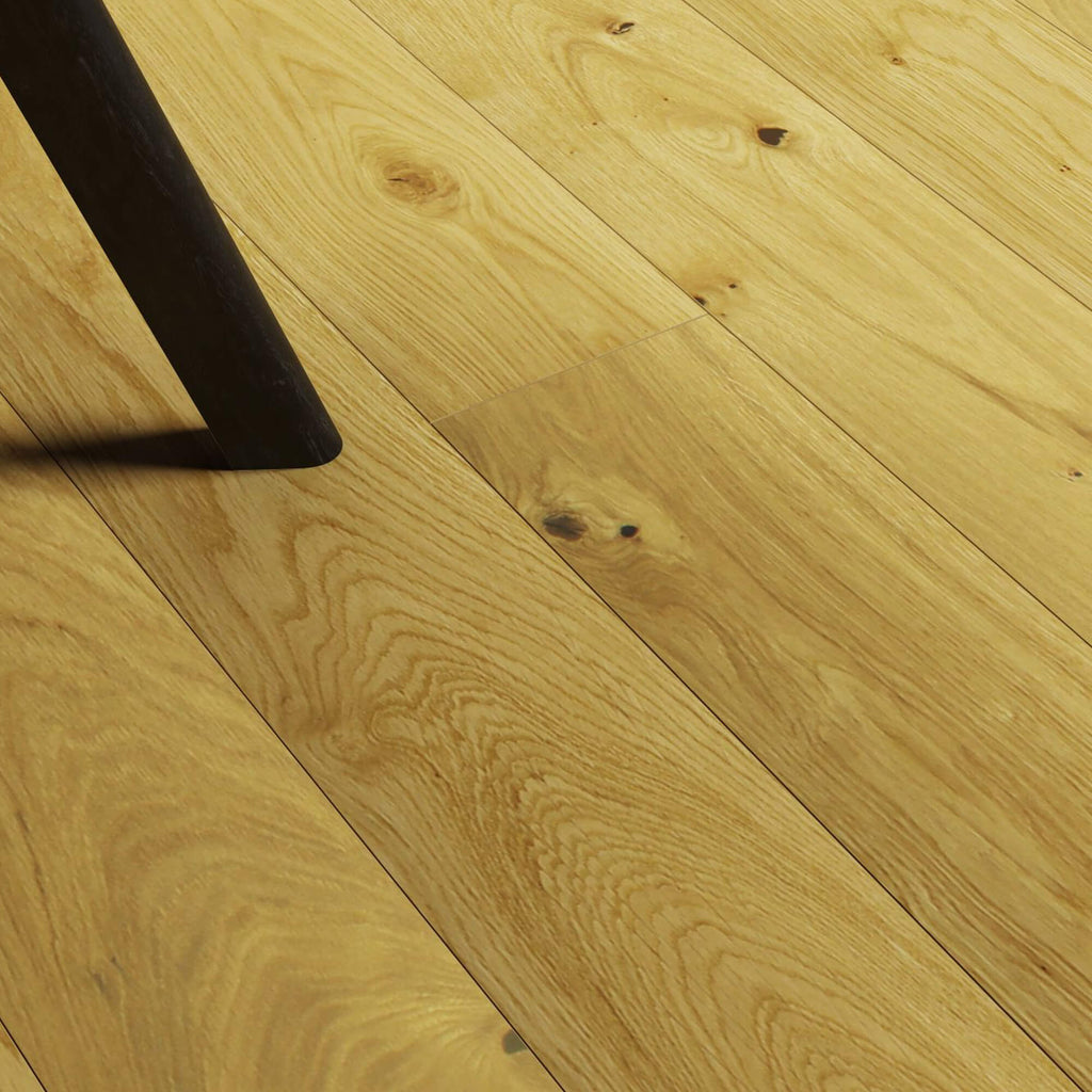 Close-up of Natural Oak UV Oiled Engineered Wood Flooring with a black table leg partially visible.