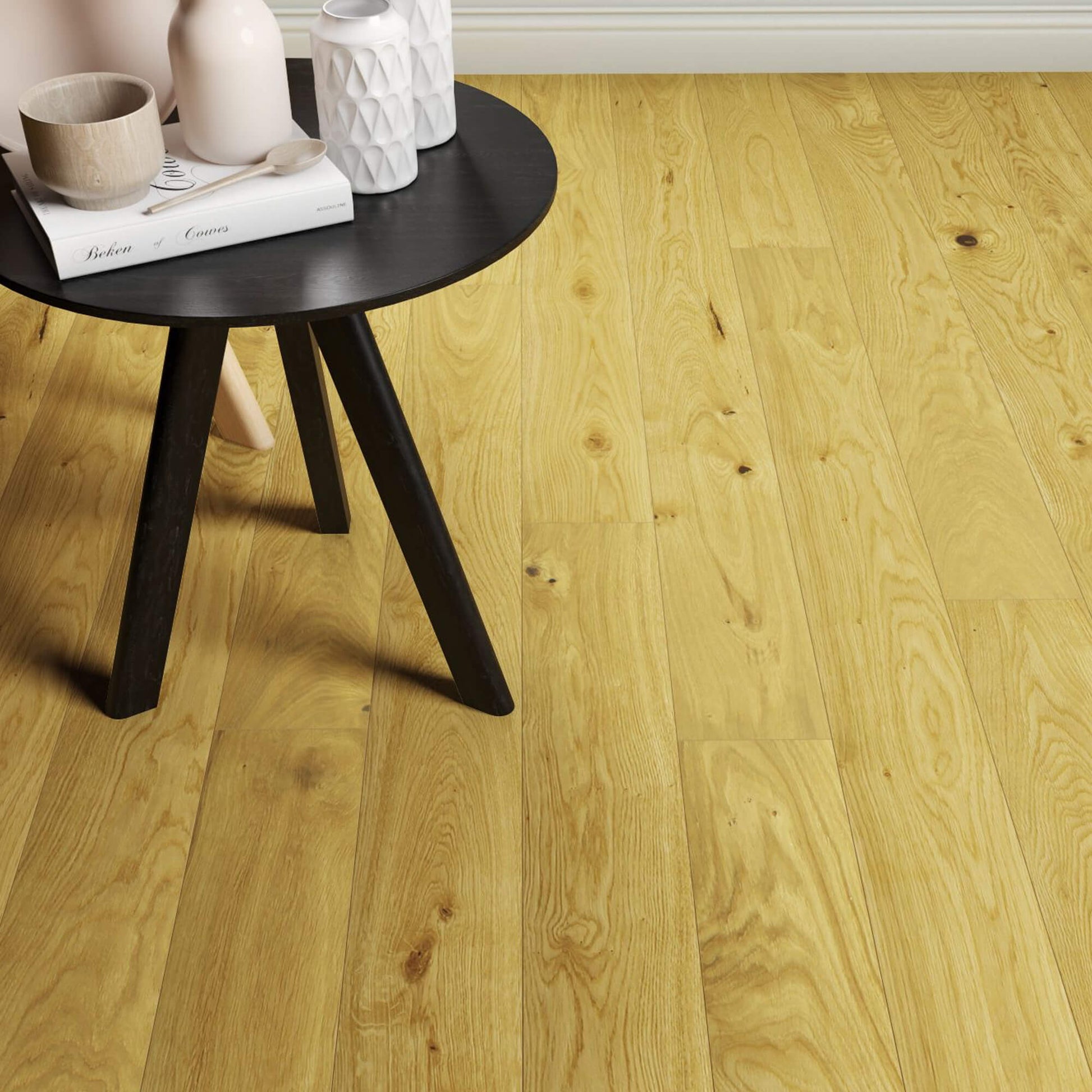 Natural Oak UV Oiled 150mm Engineered Wood Flooring with a black side table and decorative items.