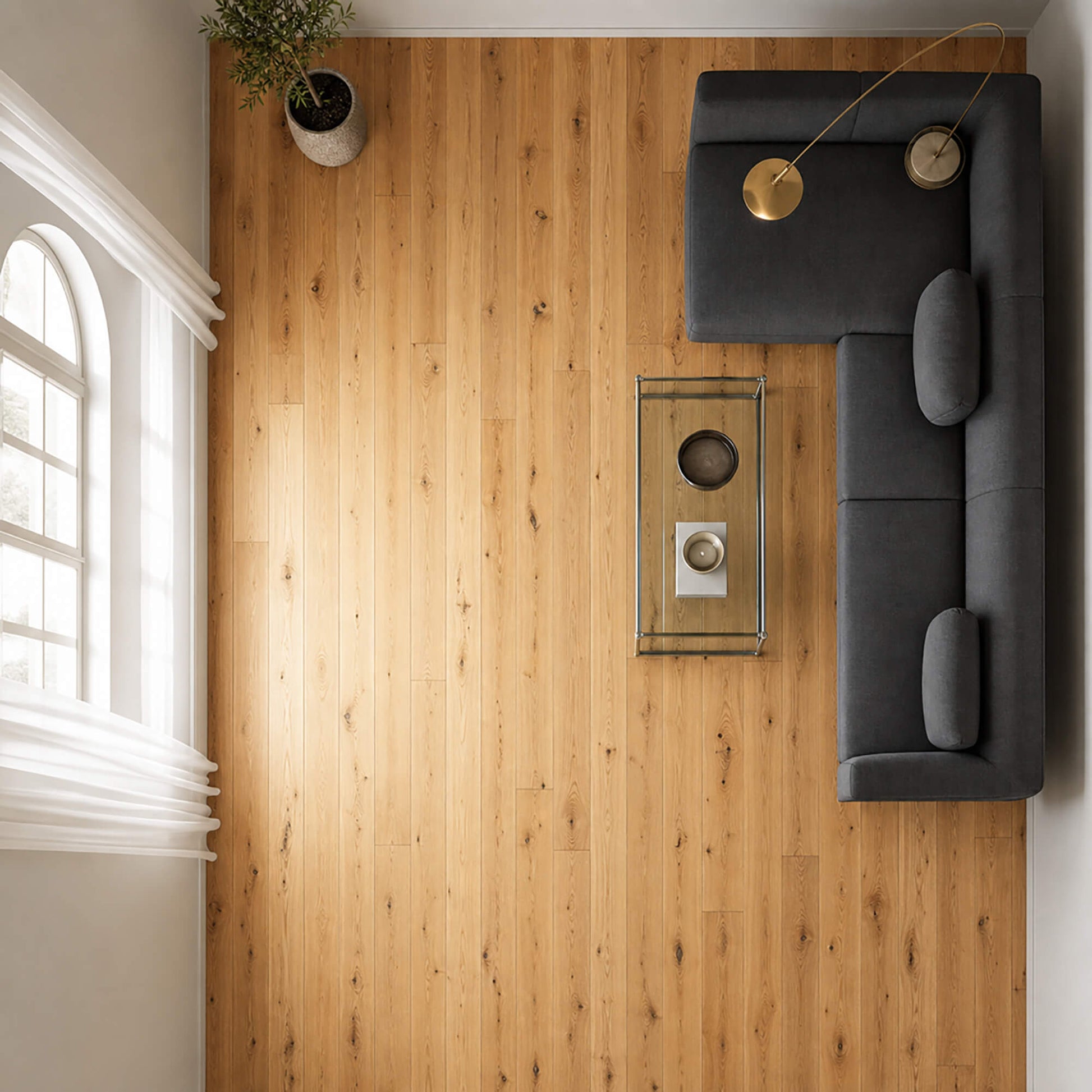 Elevated view of a Natural Oak Lacquered 150mm engineered wood flooring in a modern living room setting.