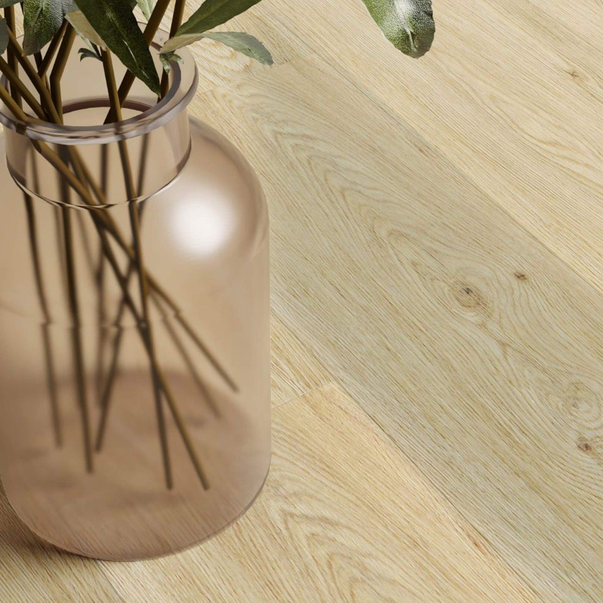 Clear glass vase with greenery onNatural Oak Rigid LVT flooring