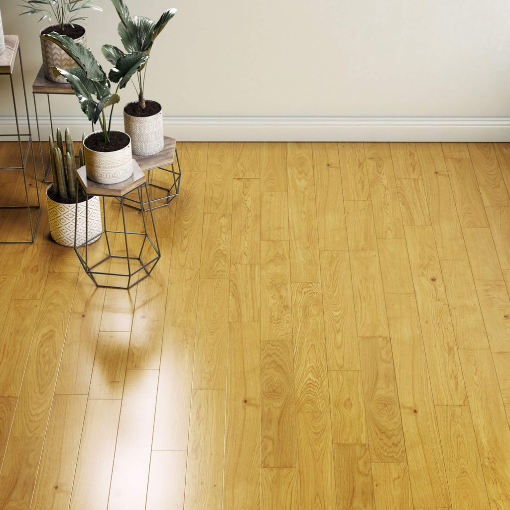 Natural Oak Timberclick Lacquered 120mm Engineered Wood Flooring with decorative plants and a small table.