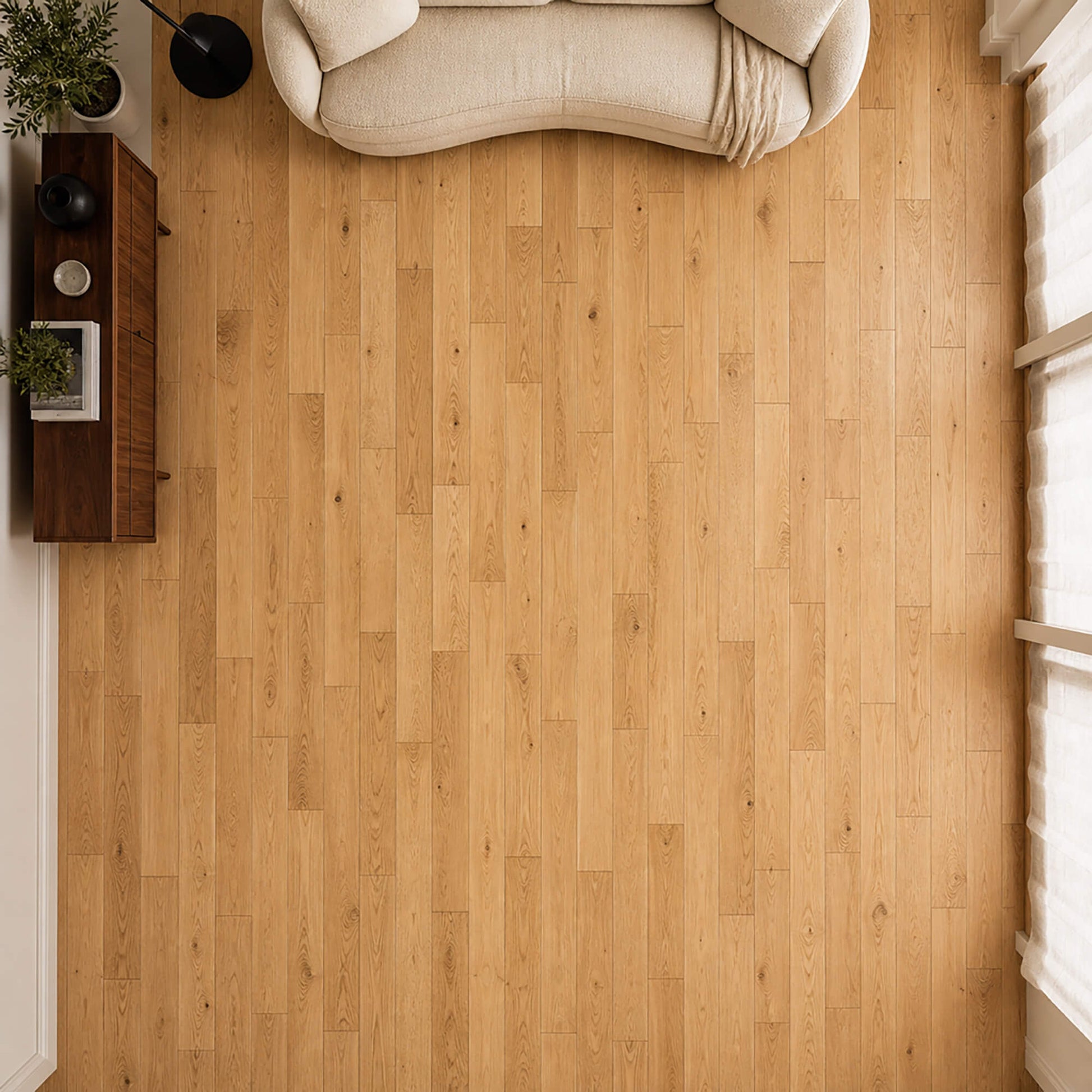 Elevated view of a Natural Oak UV Oiled Engineered Wood Flooring in a living room setting.