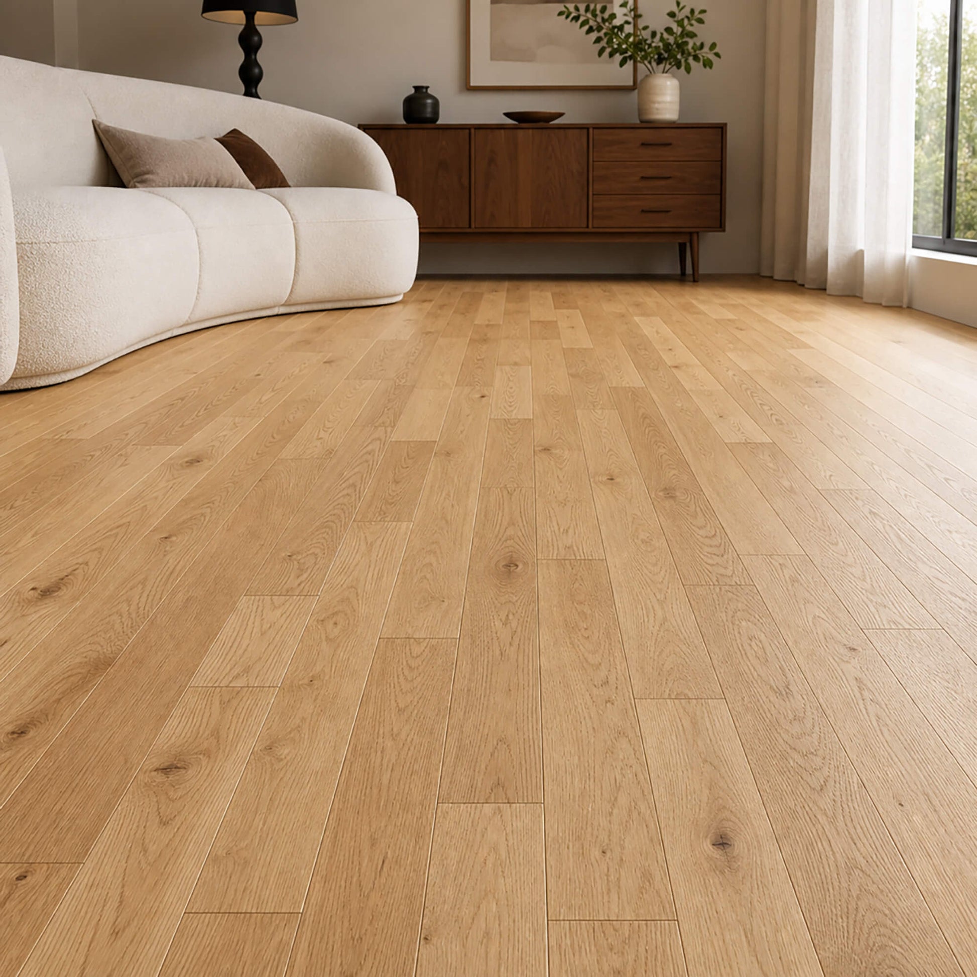Natural Oak UV Oiled engineered wood flooring in a living room setting.