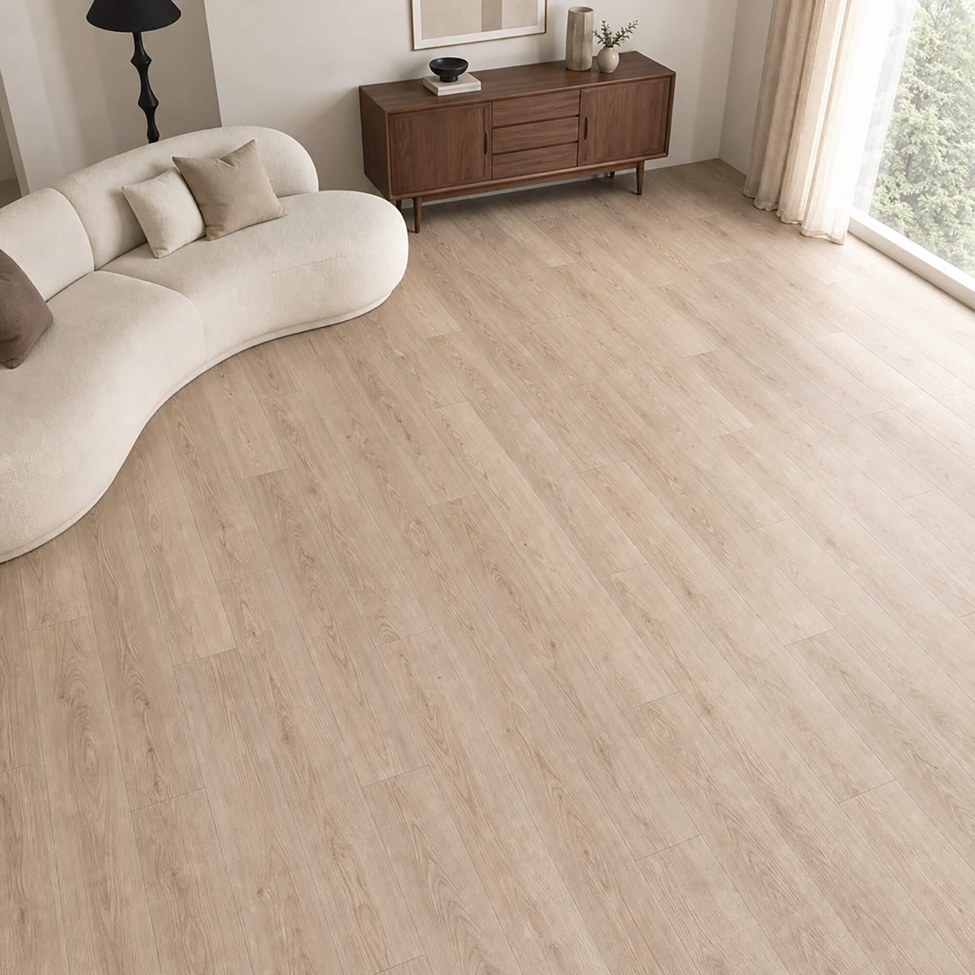 Natural Sterling Oak laminate flooring in a modern living room setting.