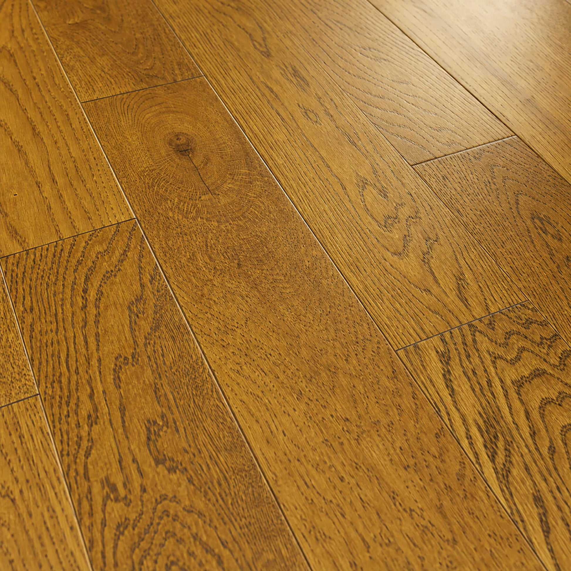 Close-up of a Nutmeg Oak Lacquered 125mm engineered wood floor with visible grain and texture.