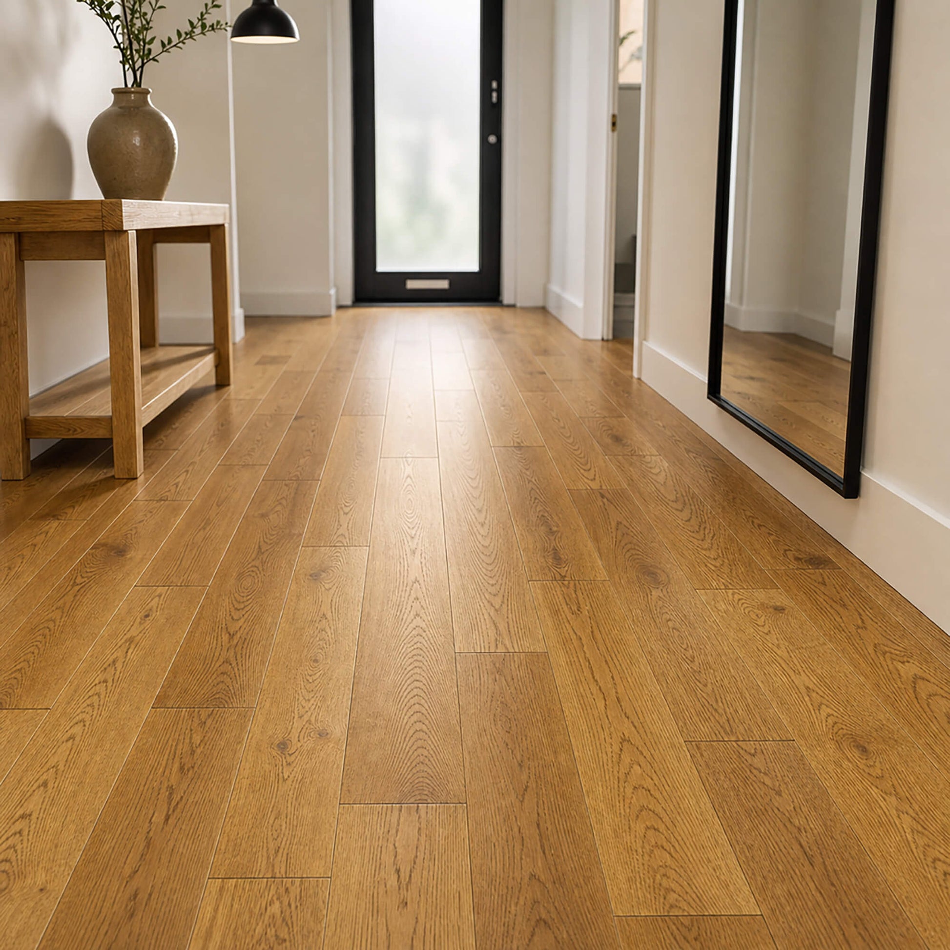 Nutmeg Oak Lacquered 125mm Engineered wood flooring in a room with a table and mirror in a hallway setting.