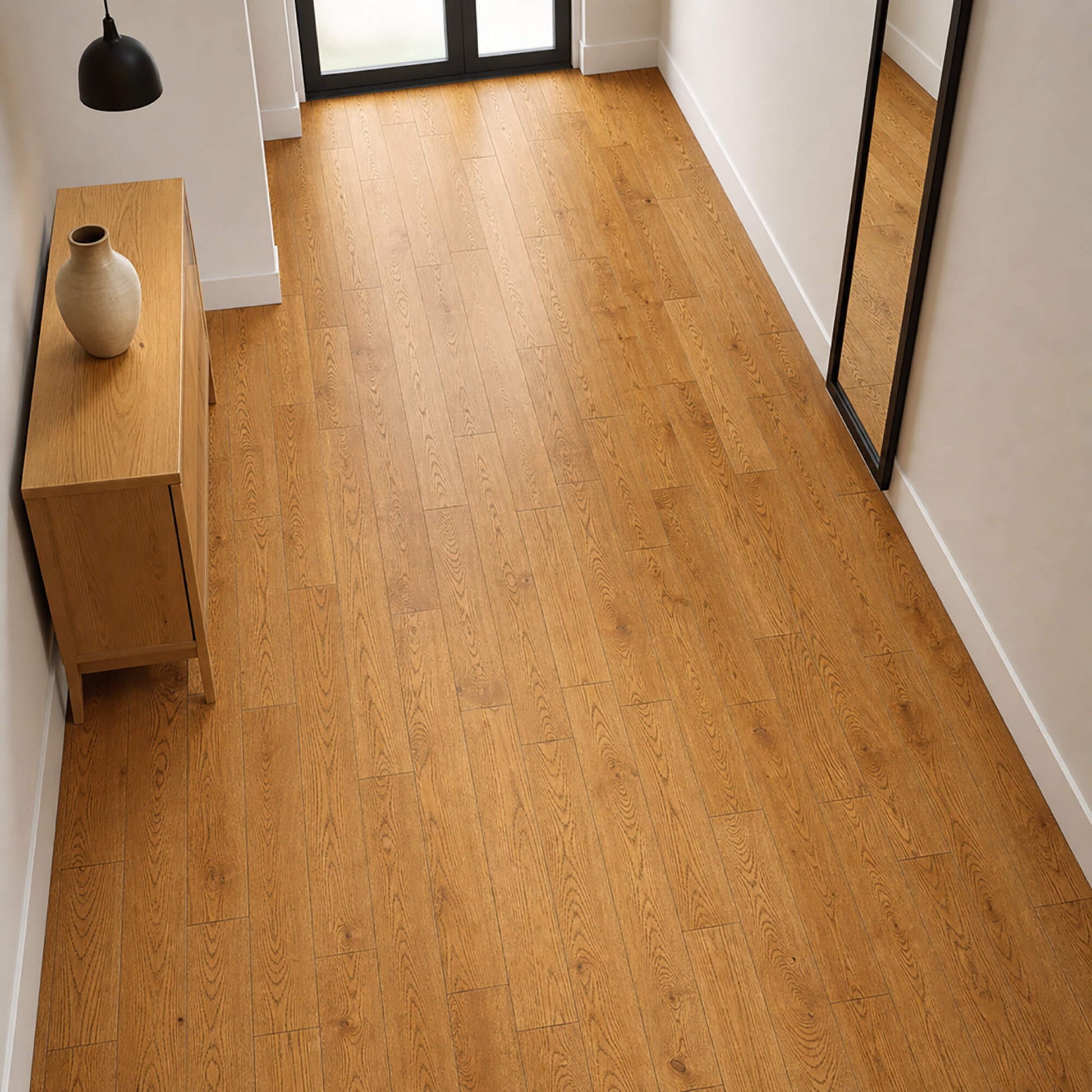 Nutmeg Oak Lacquered 125mm Engineered Wood Flooring in a hallway setting.