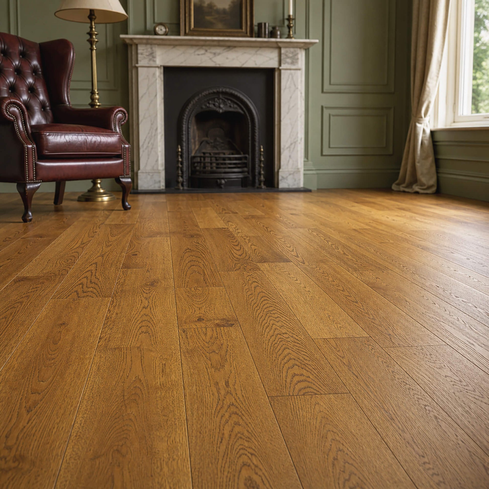 Nutmeg Oak UV Oiled 125mm Engineered Wood Flooring in a vintage living room setting.