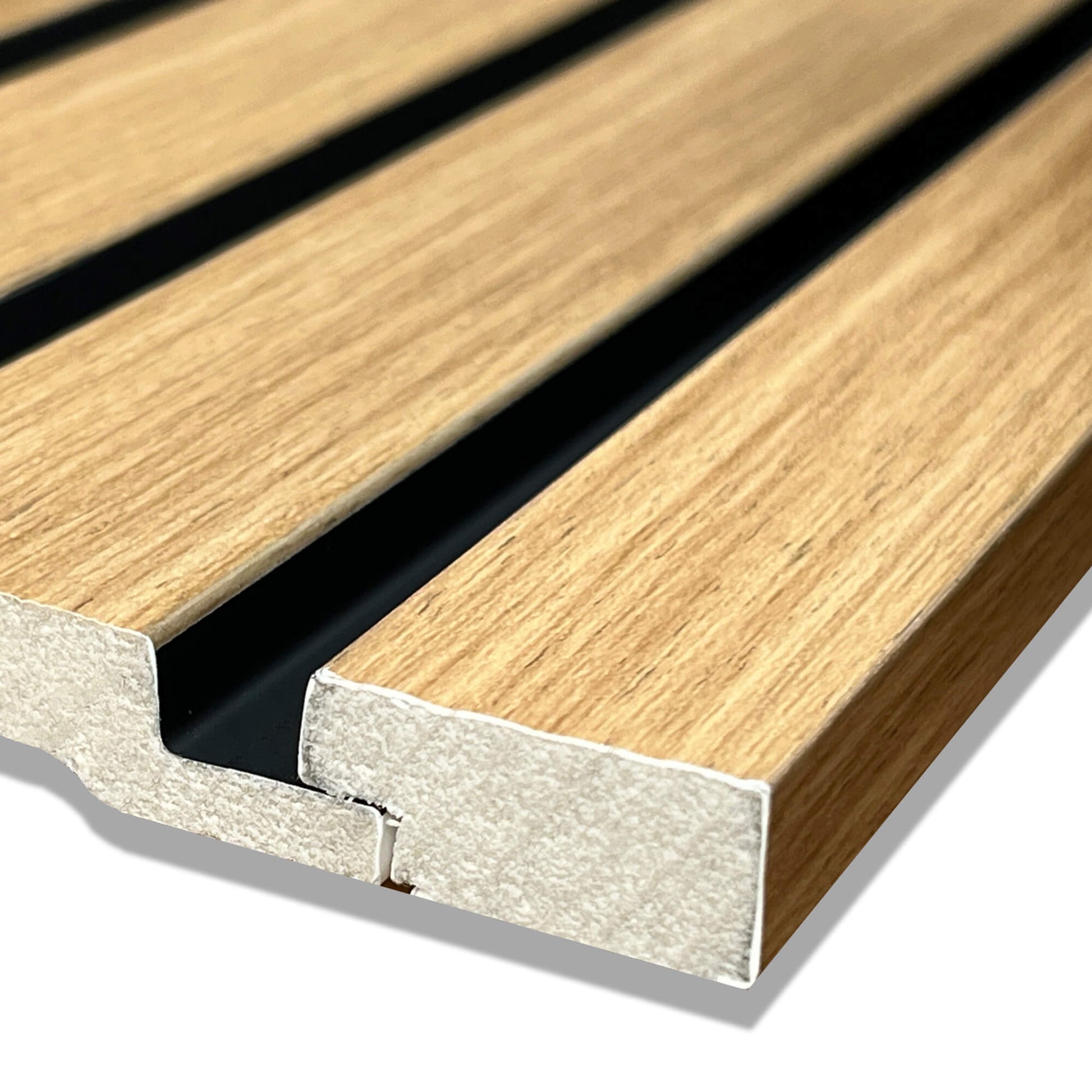 Close-up of an Oak Aqua Slatwall Left Trim connecting to a slatwall panel on a white background.