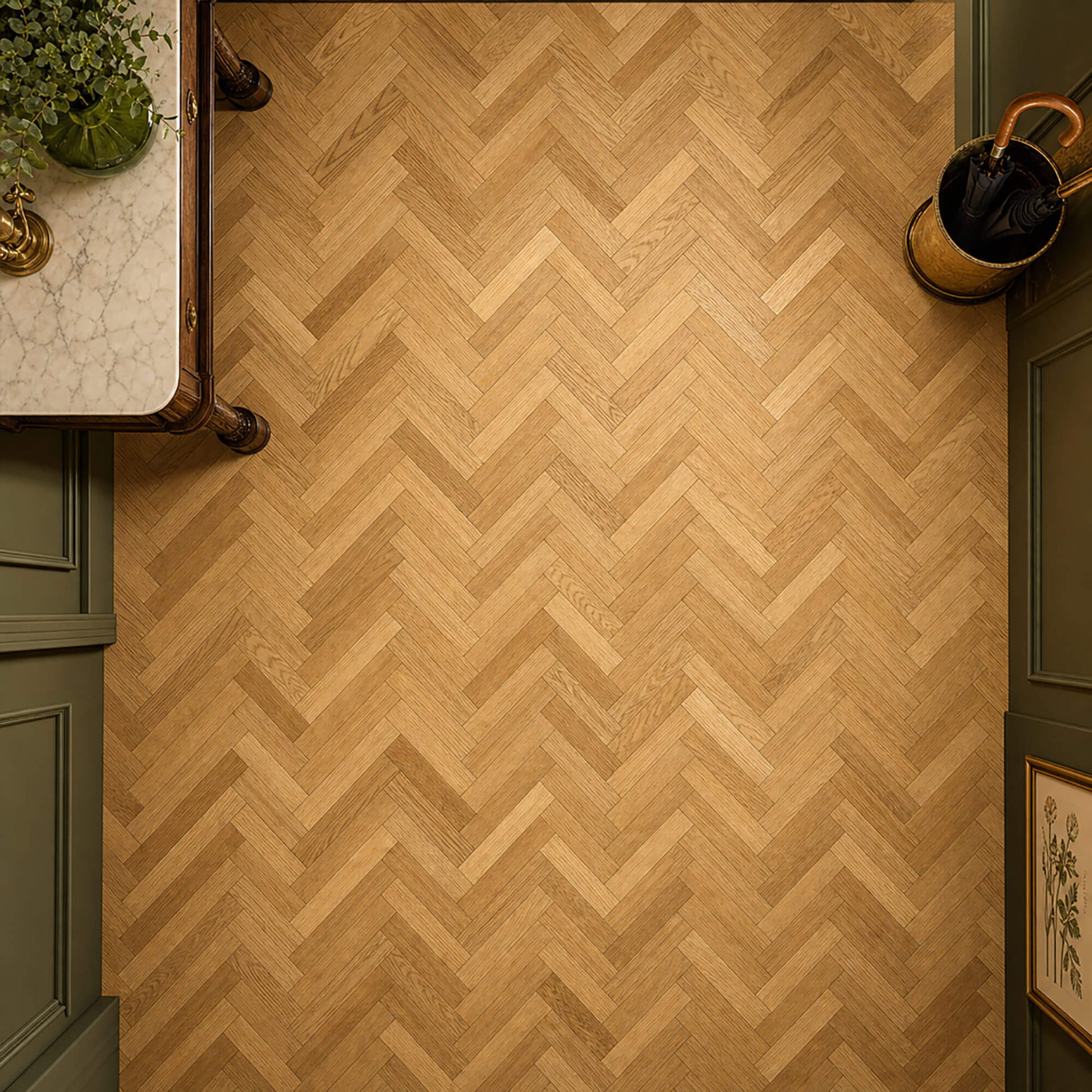 Elevated view of Natural Oak Herringbone Brushed and UV Oiled Engineered Wood Flooring in a hallway.