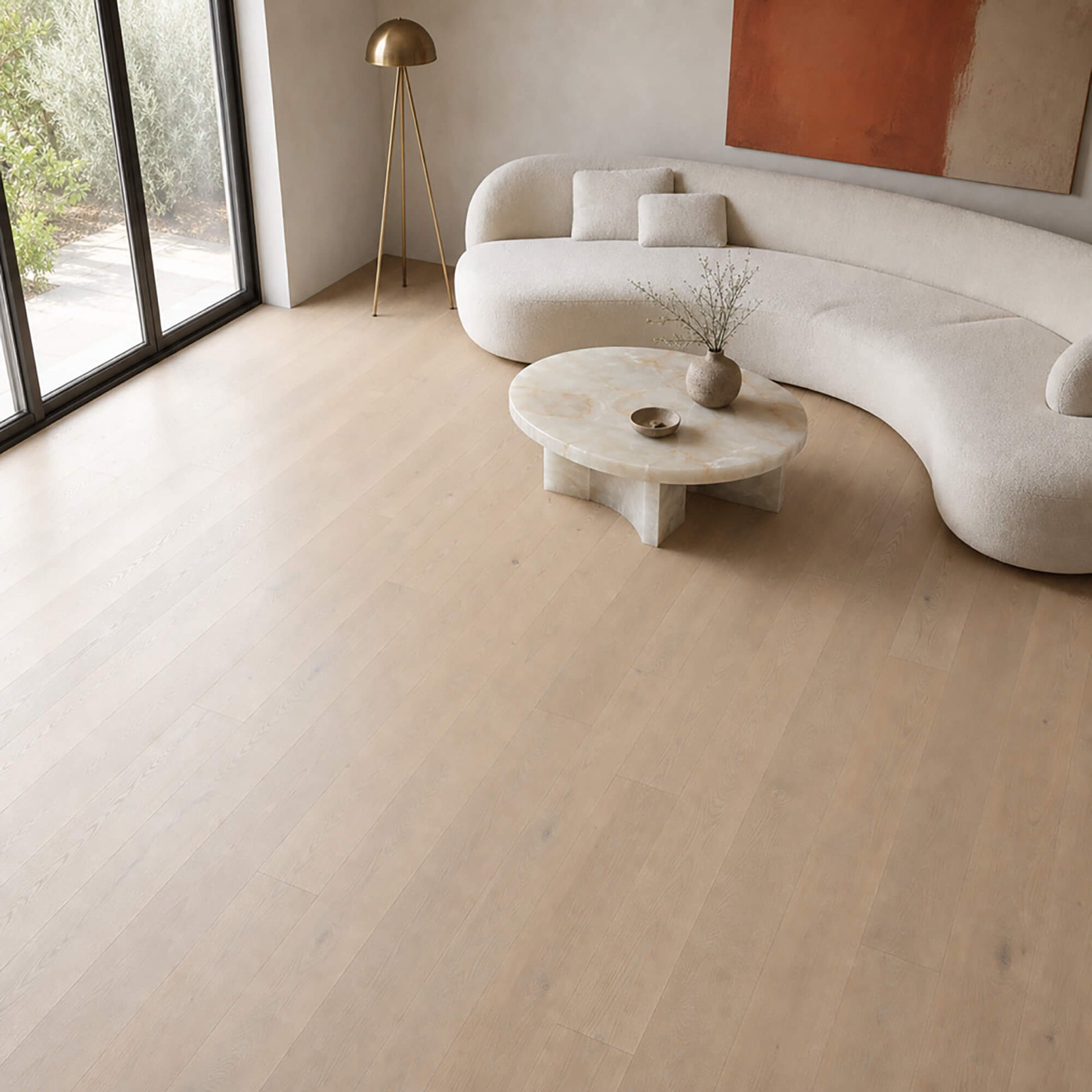 Potters Grey Oak Matt Lacquered 190mm engineered wood flooring in a modern living room setting.