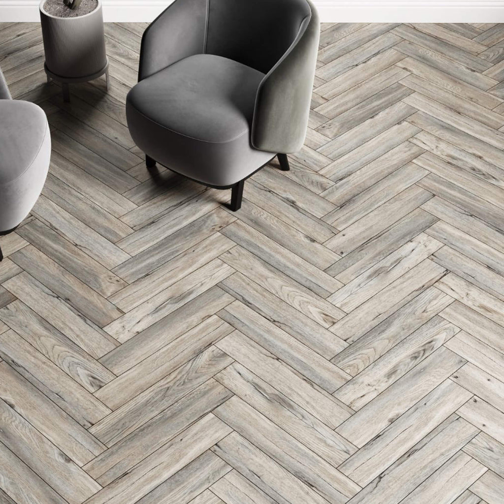 Riviera Oak Rigid LVT Herringbone Flooring in a interior home setting.
