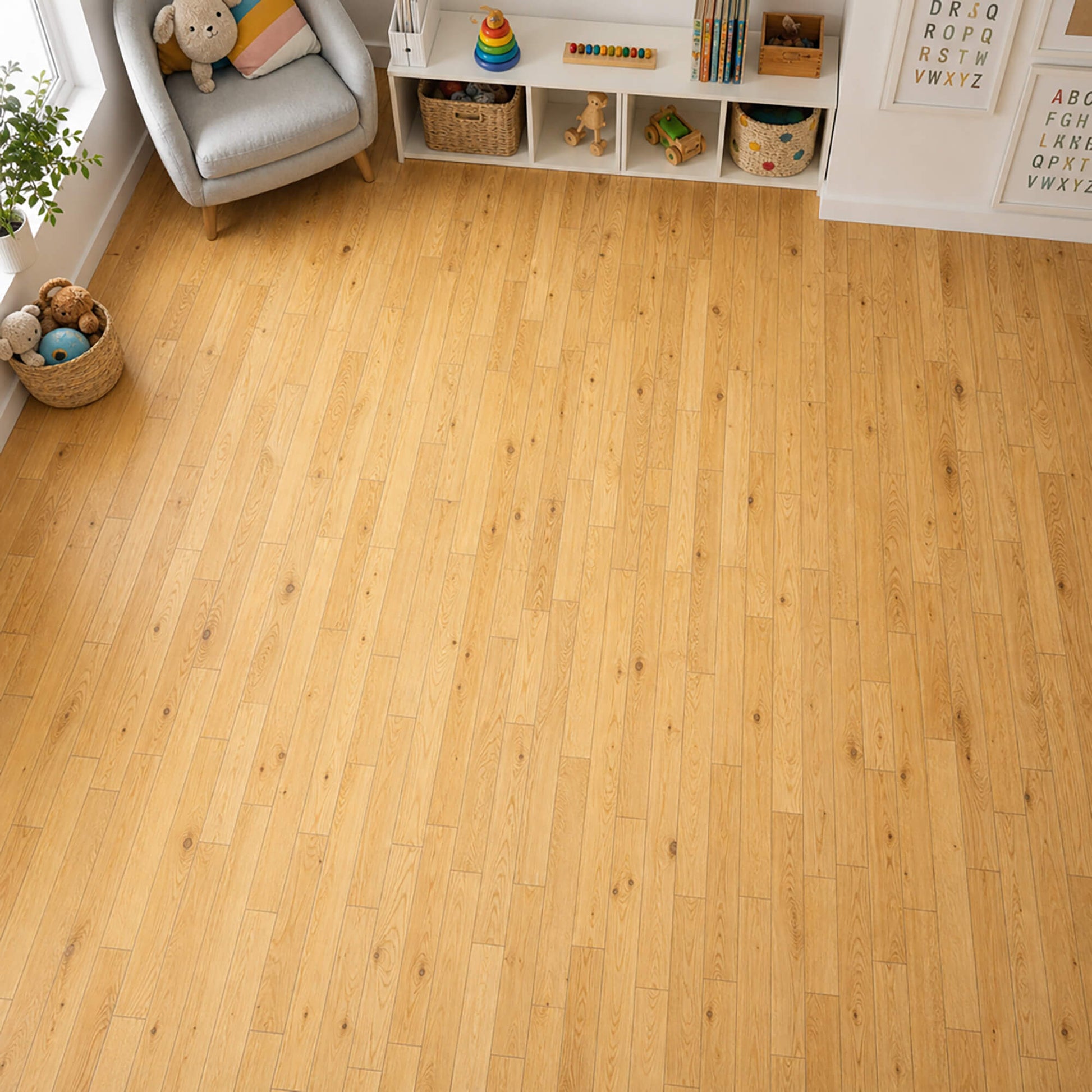 Rustic Oak Lacquered 90mm engineered wooden floor with visible grain and texture in a children's nursery setting.