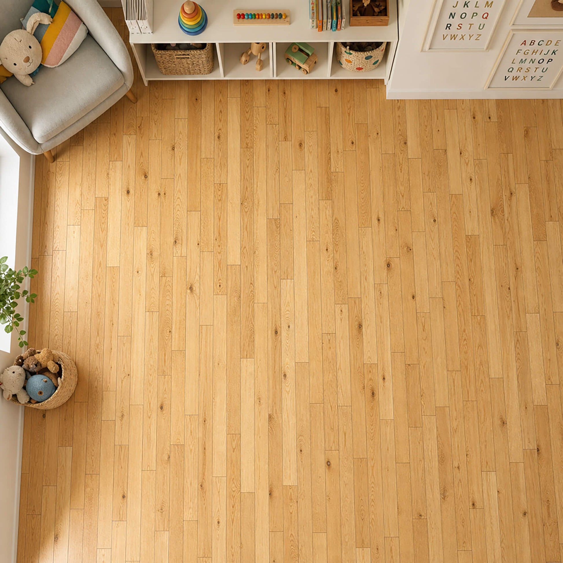 Elevated view of a Rustic Oak Lacquered 90mm engineered wooden floor with visible grain and texture in a children's nursery setting.