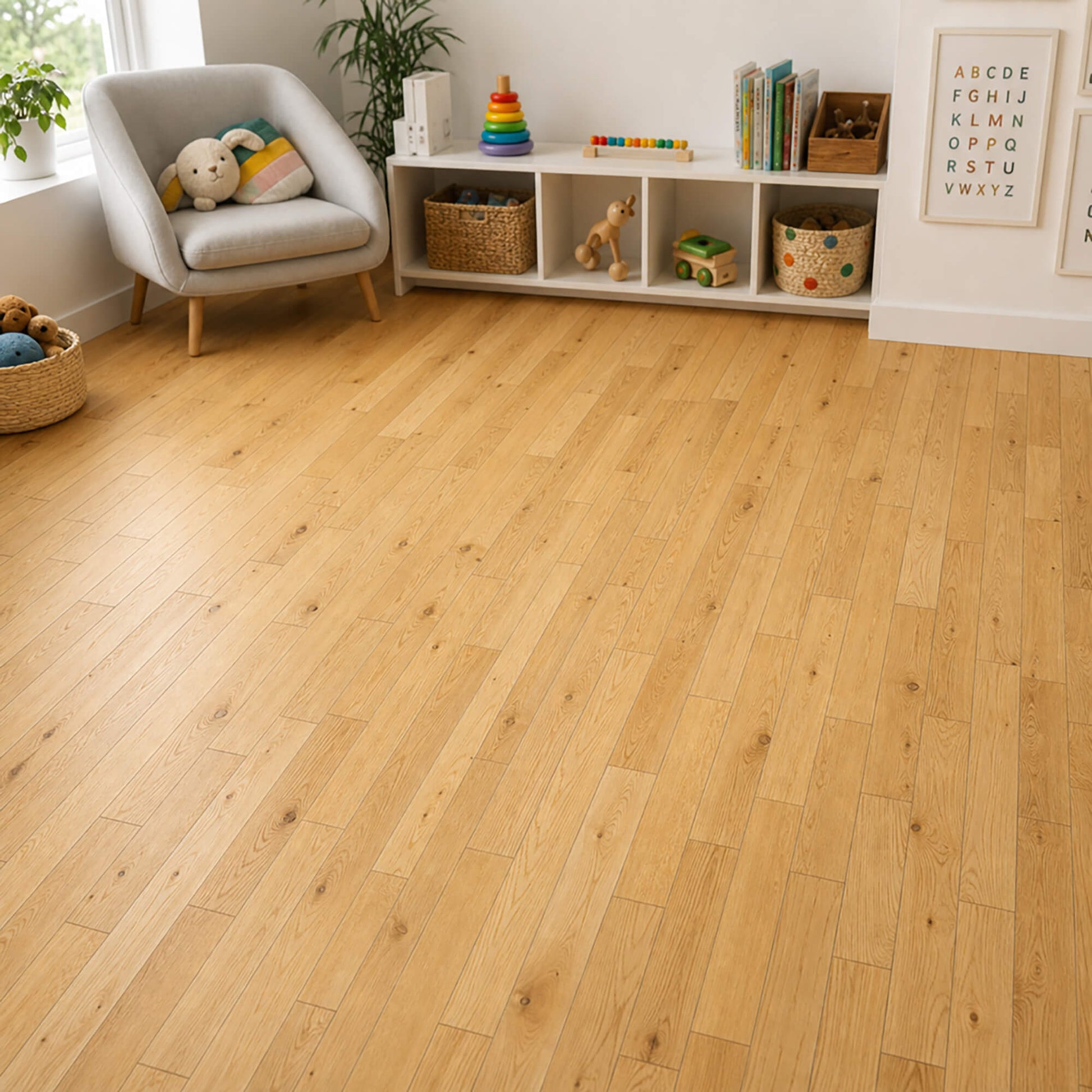 Rustic Oak Lacquered 90mm engineered wooden floor in a child's play room featuring toys and books.