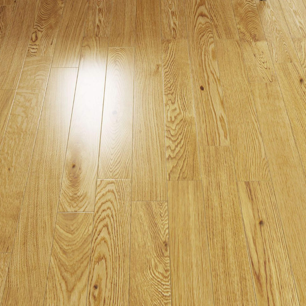 Close-up of a Rustic Oak Lacquered 90mm engineered wooden floor with visible grain and texture.