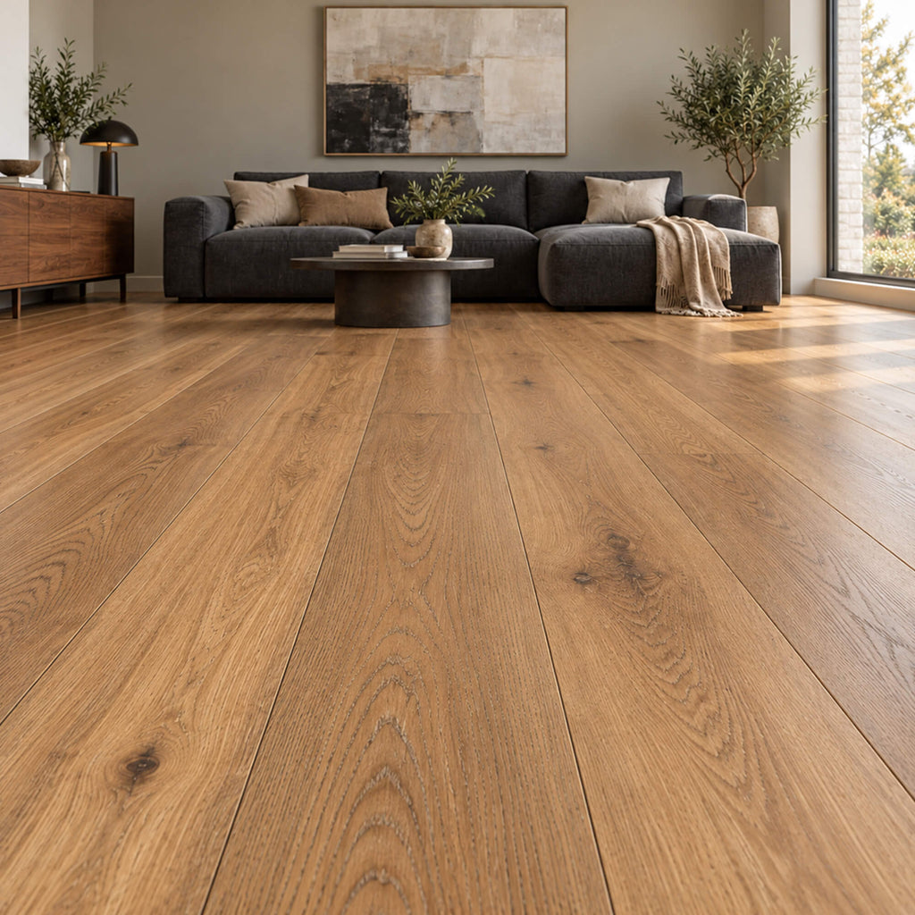 Smoked Oak Matt Lacquered Engineered Wood plank flooring in an interior living room setting.