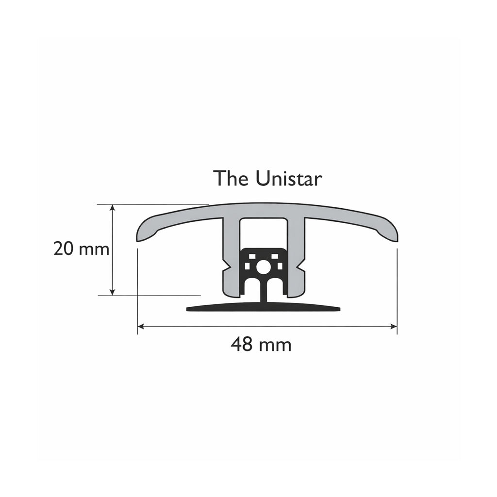 Technical drawing of an Unistar 900mm wide Door Bar on a white background.