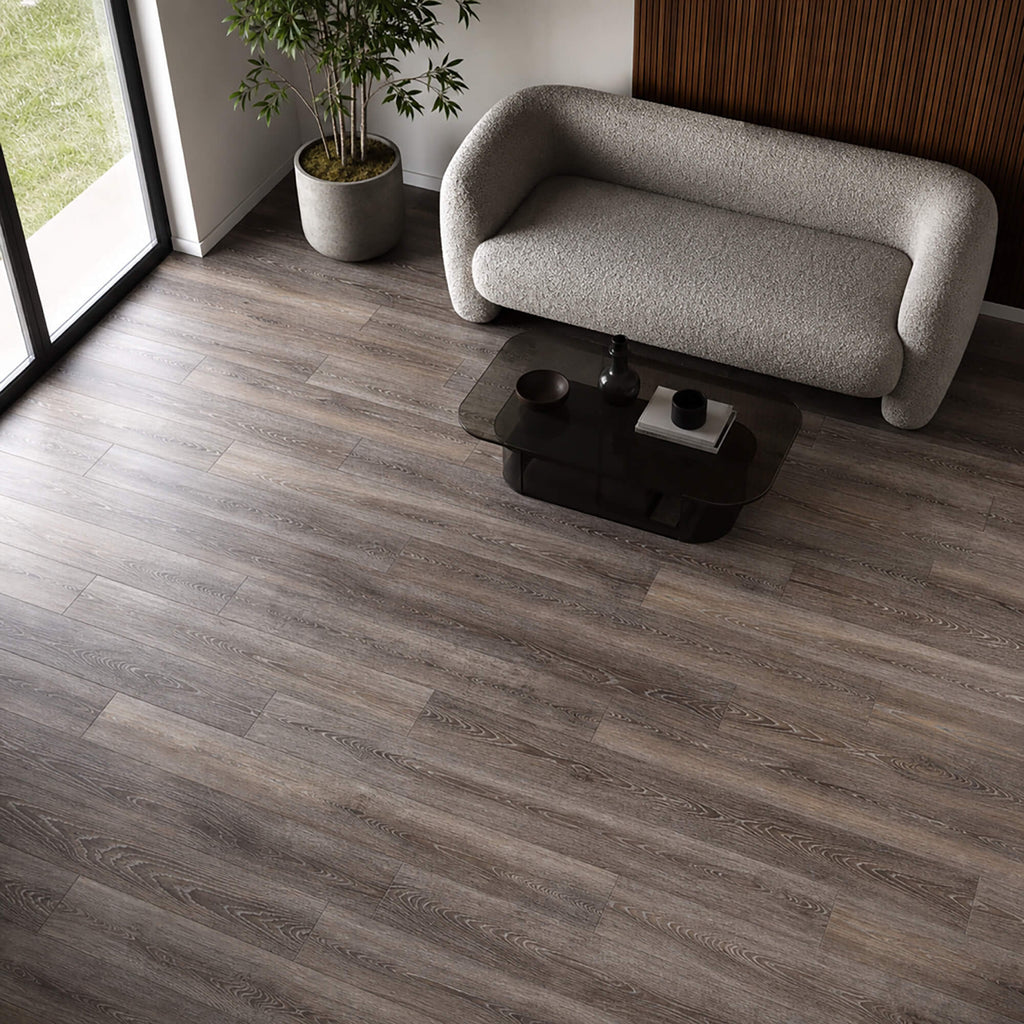 Weathered Oak Rigid LVT flooring in a modern living room setting.