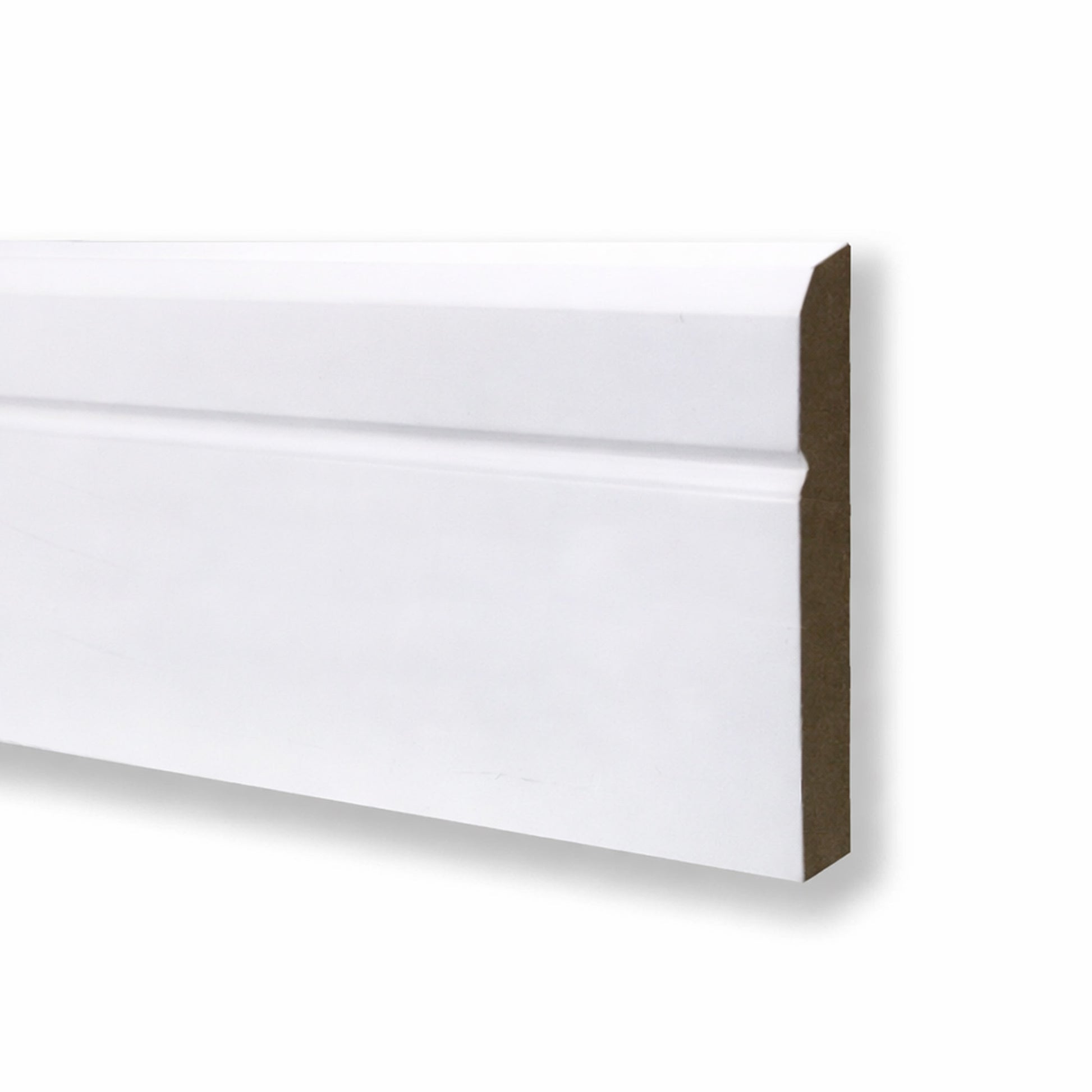 White Primed Chamfered Skirting board on a white background